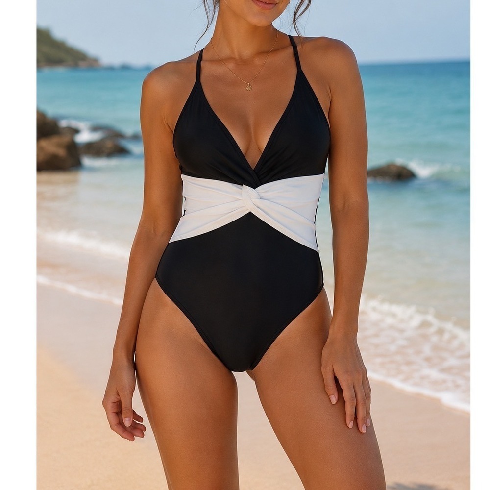 Pink Lily One Piece Swimsuit Women XL Black Good Twist Front Colorblock PL1560
